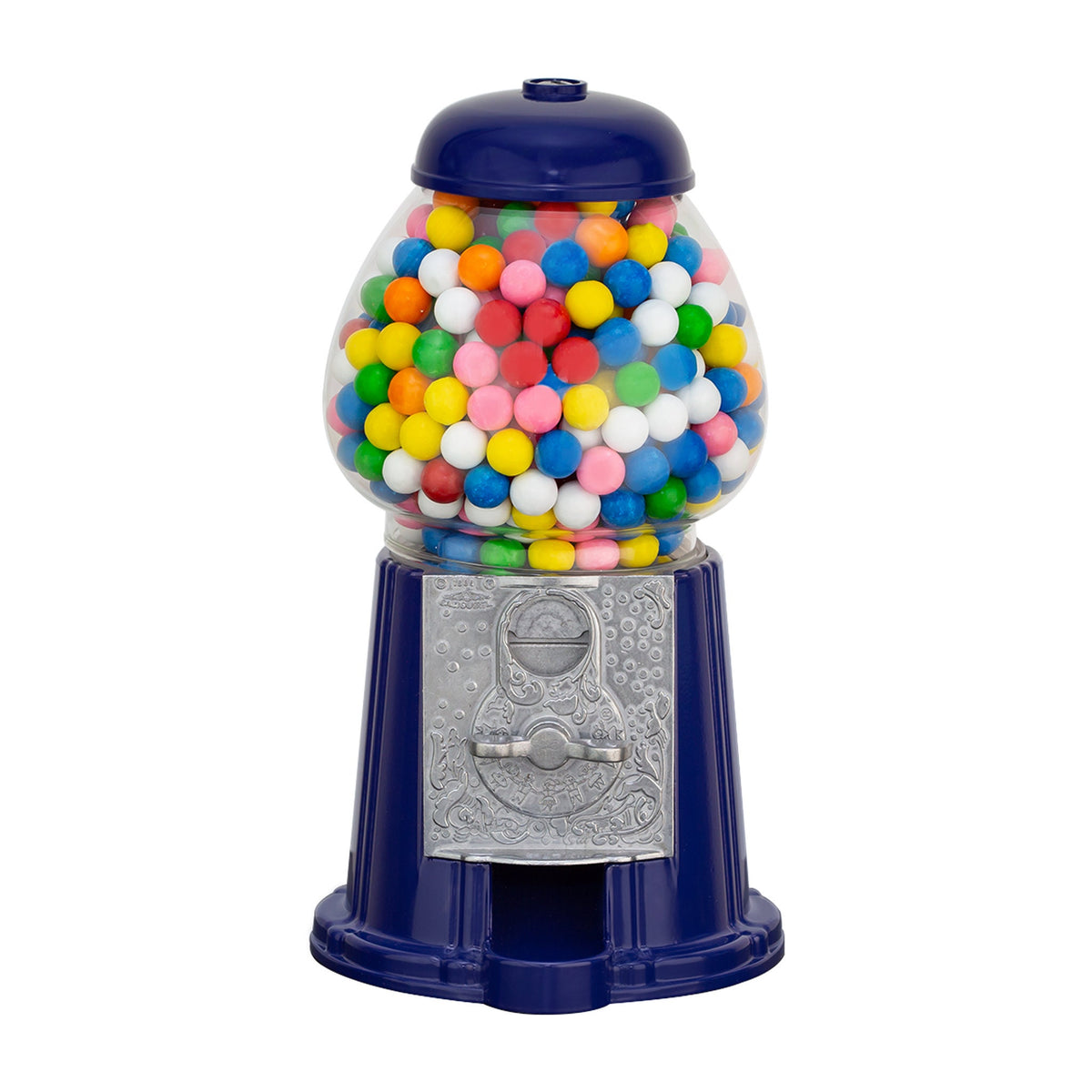 A vintage-style blue gumball machine filled with colorful round gumballs, shown on a plain white background.