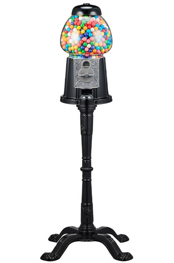 Black gumball machine with colorful gumballs on a white background