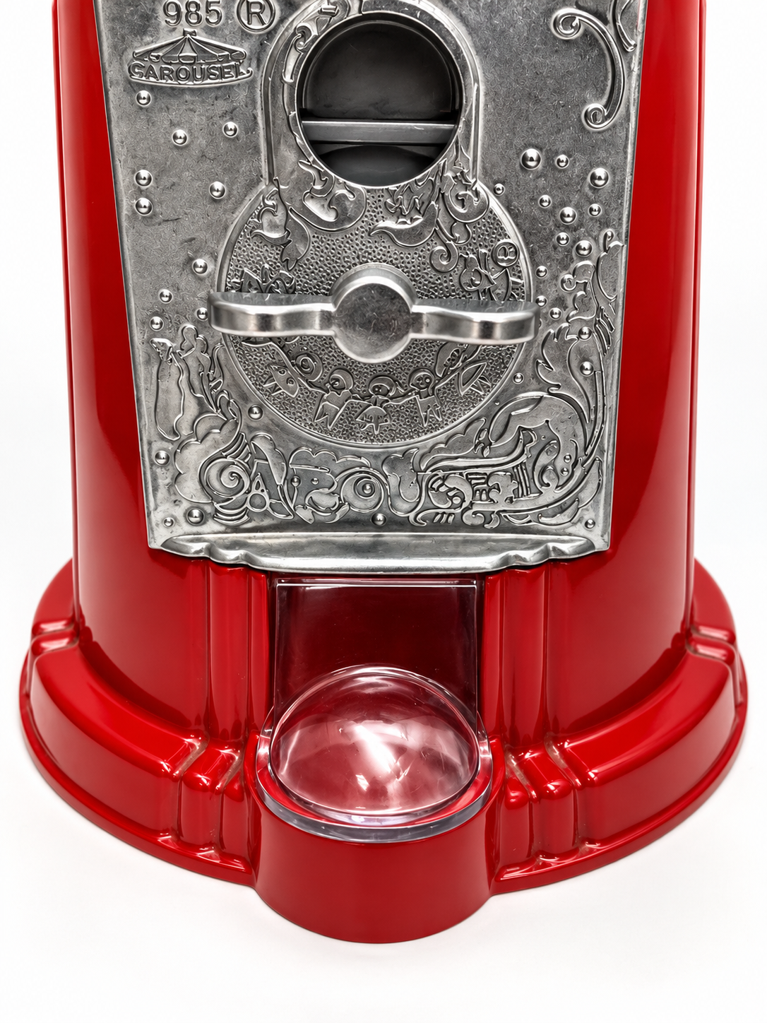 red gumball machine base showing the coin mechanism and clear door chute cover