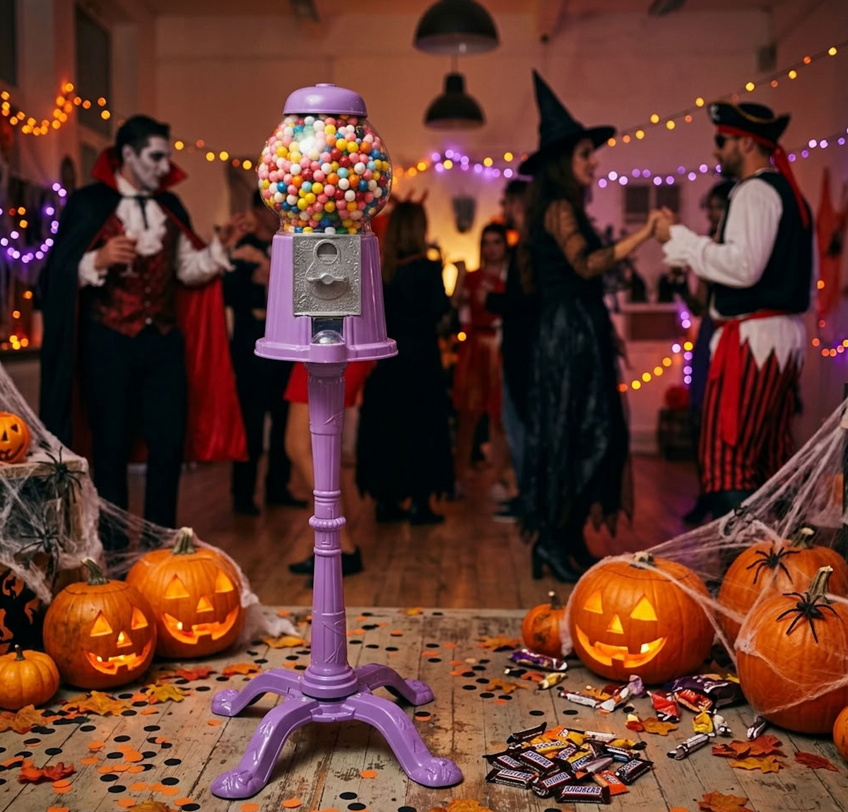 A purple vintage-style gumball machine filled with multicolored candies sits on a wooden table in a Halloween-themed room with pumpkins, cobwebs, candy, and costumed people dancing in the background.