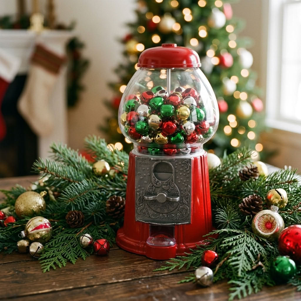 A red vintage-style gumball machine filled with colorful Christmas ornaments sits on a wooden table surrounded by pine branches, pinecones, and holiday decorations, with a blurred Christmas tree in the background.