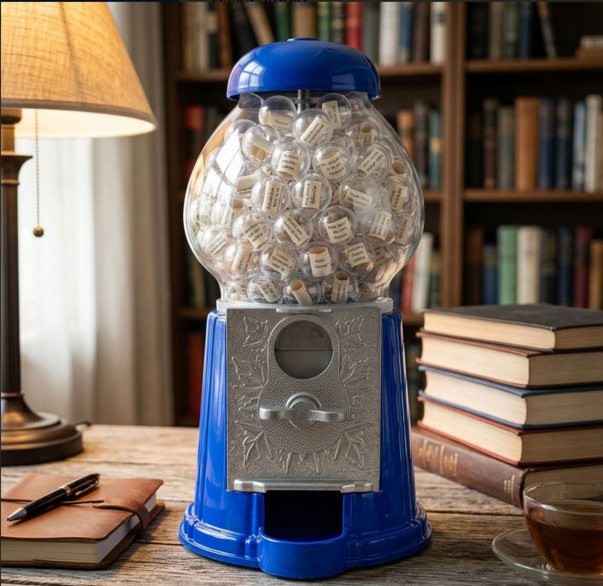 A blue and silver novelty gumball machine filled with small book-themed tokens sits on a wooden table in a cozy library or study setting, surrounded by books, a lamp, and a cup of tea.