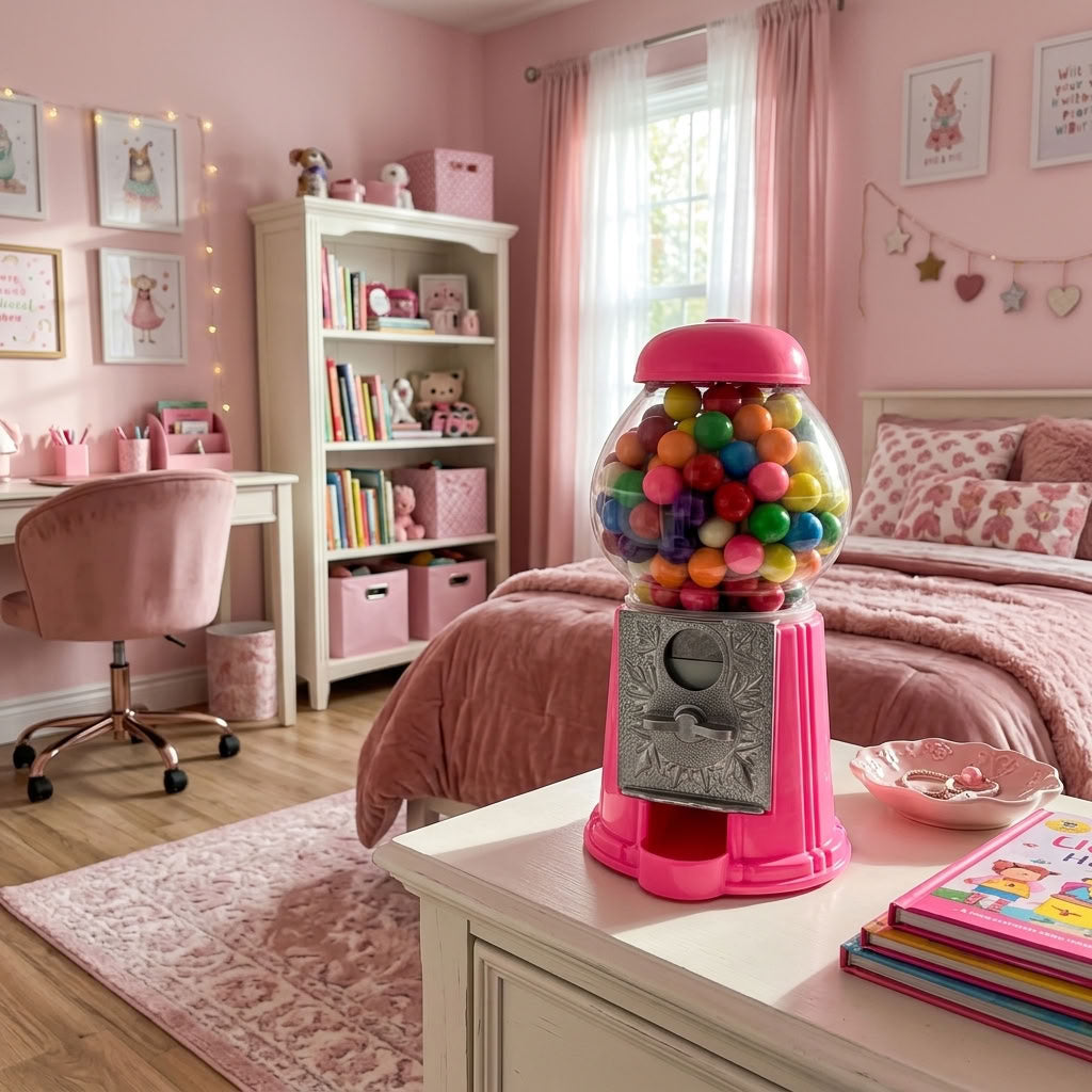 A pink gumball machine filled with colorful gumballs sits on a white table in a pink-themed bedroom. The room features a matching pink bed, desk, chair, bookshelf, and wall decorations.