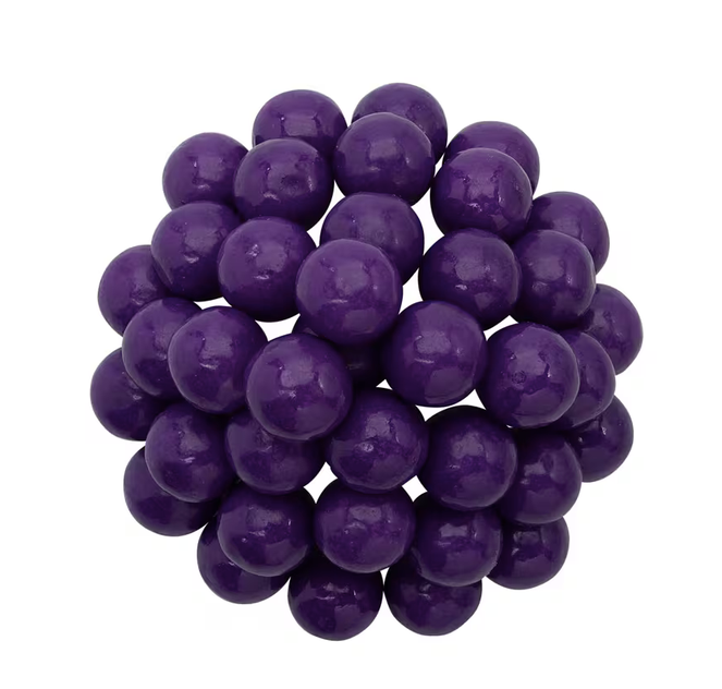 A cluster of glossy, deep purple spherical beads arranged in a circular cluster on a solid white background.