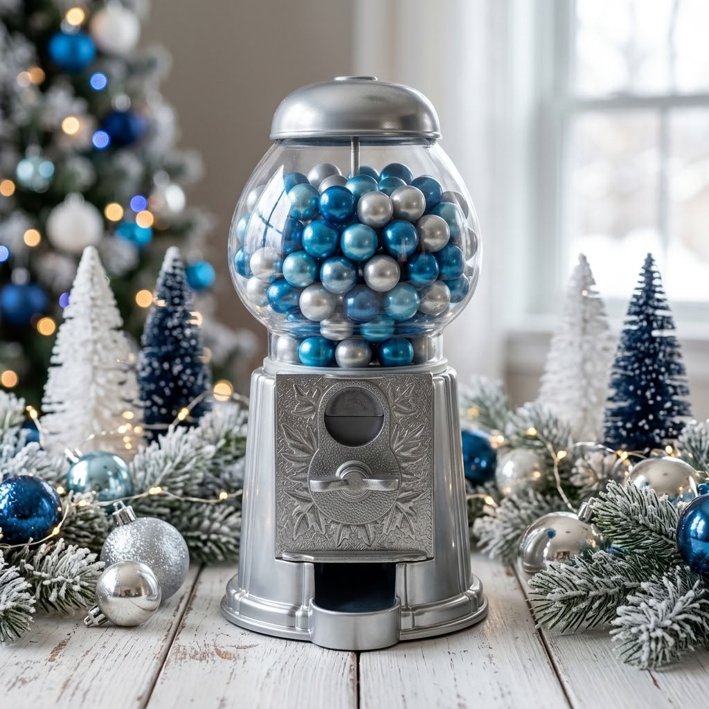 A silver gumball machine filled with blue and silver gumballs styled on a rustic white wooden surface with miniature Christmas trees and holiday decorations in the background.