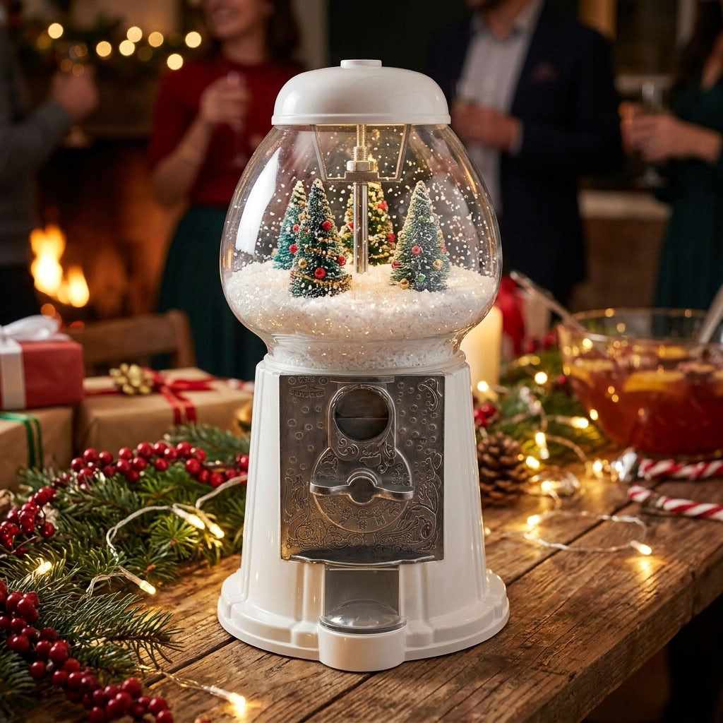A white gumball-style decorative snow globe sits on a wooden table in a cozy holiday party setting, with blurred people, a fireplace, wrapped gifts, evergreen branches, and warm string lights in the background.