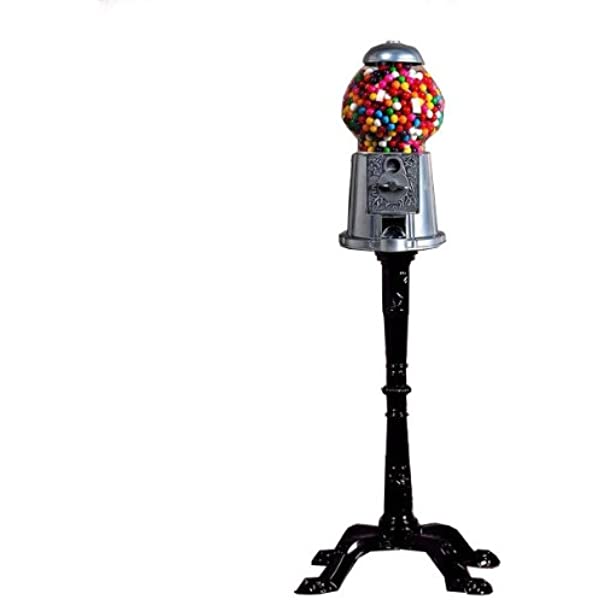 Silver gumball machine on a black pedestal stand